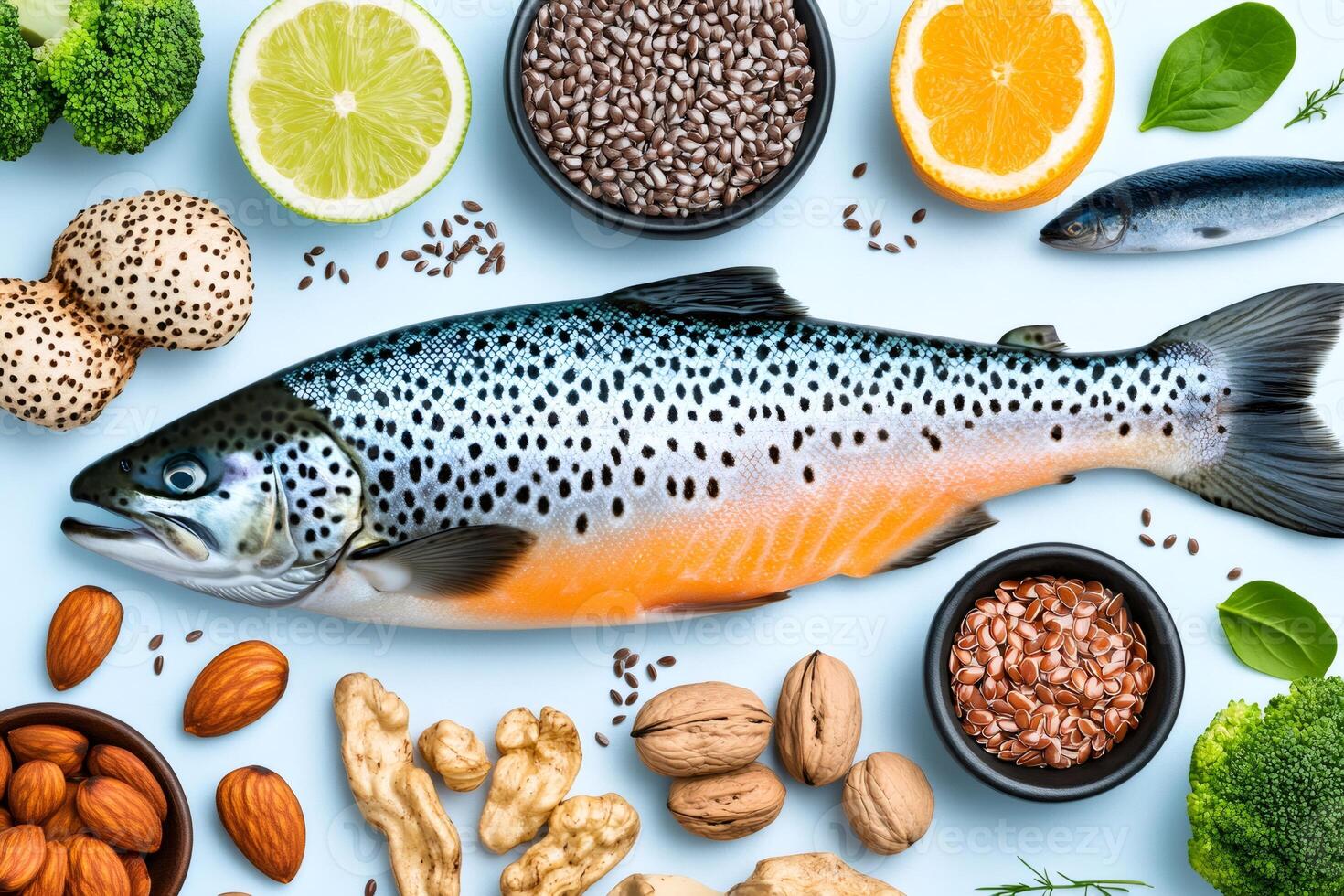 Best foods for omega 3 and vitamin d showing salmon, flax seeds, nuts and vegetables photo