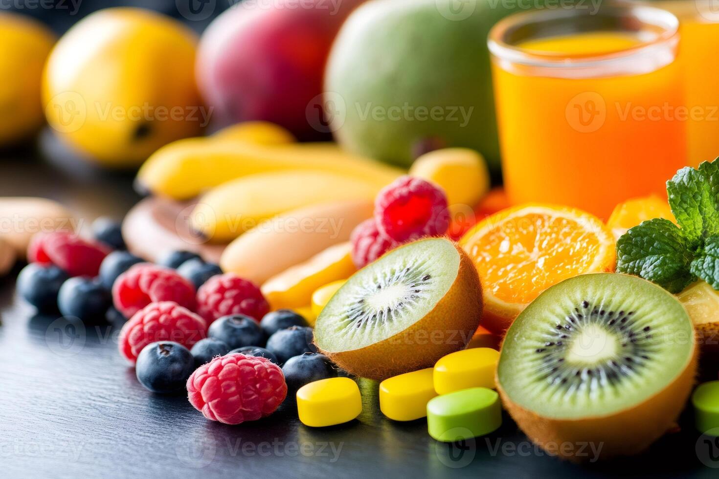Colorful vitamins promoting healthy eating with fruits and berries photo