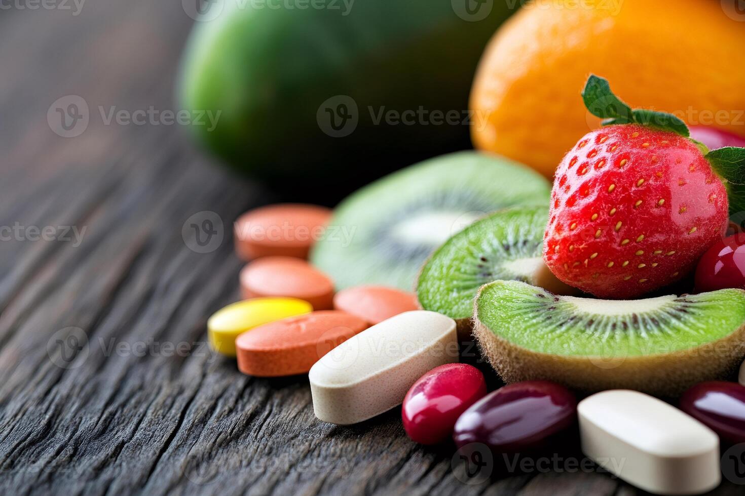 Colorful vitamins and supplements promoting health with fresh fruits on rustic wood photo