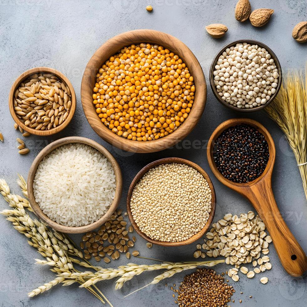 Various gluten free grains and seeds displayed in wooden bowls and spoon on gray background photo