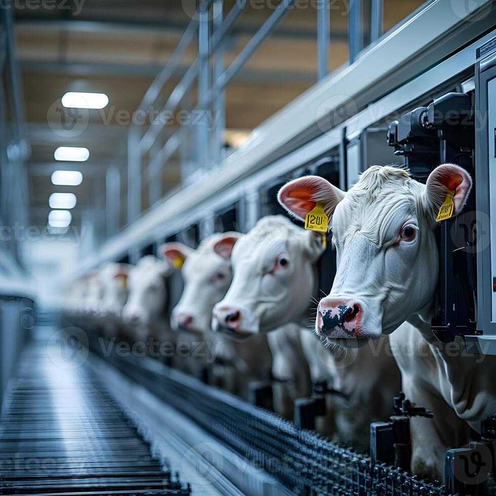 Cows standing in a row in automated milking parlor on dairy farm photo