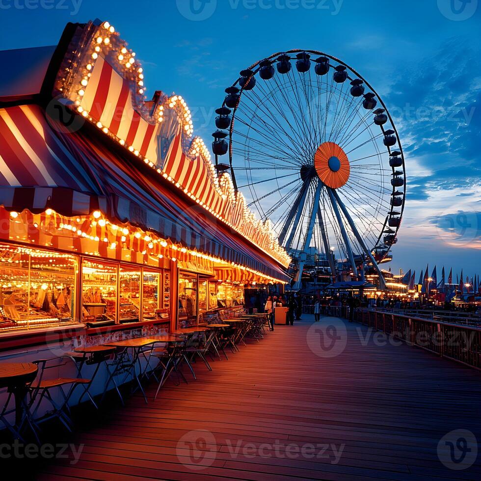 Ferris wheel towering over illuminated food stalls at twilight in amusement park photo