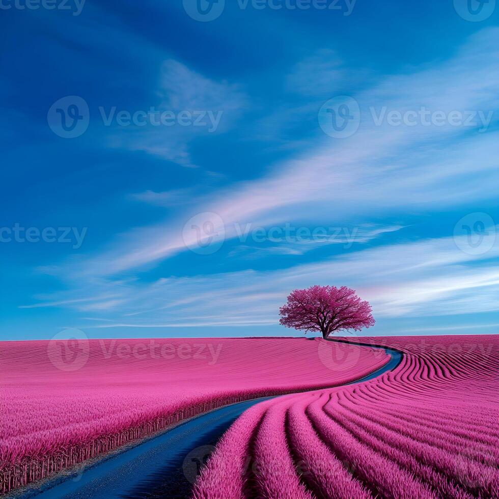 Winding road leading to pink tree in surreal landscape photo