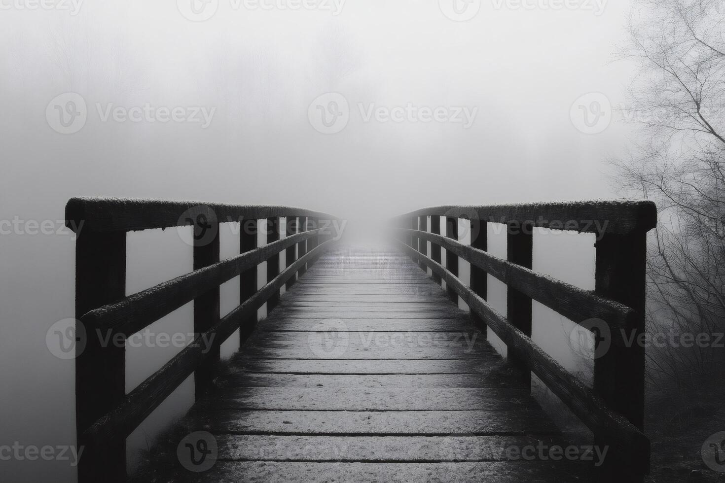 Wooden bridge vanishing in the fog on a cold winter day photo