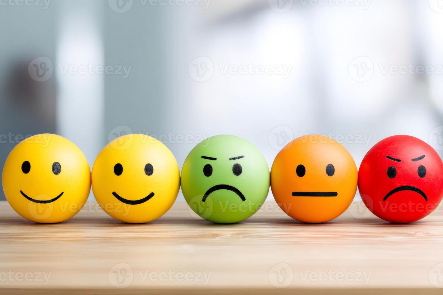 Customer experience concept showing five smiley balls expressing satisfaction levels photo