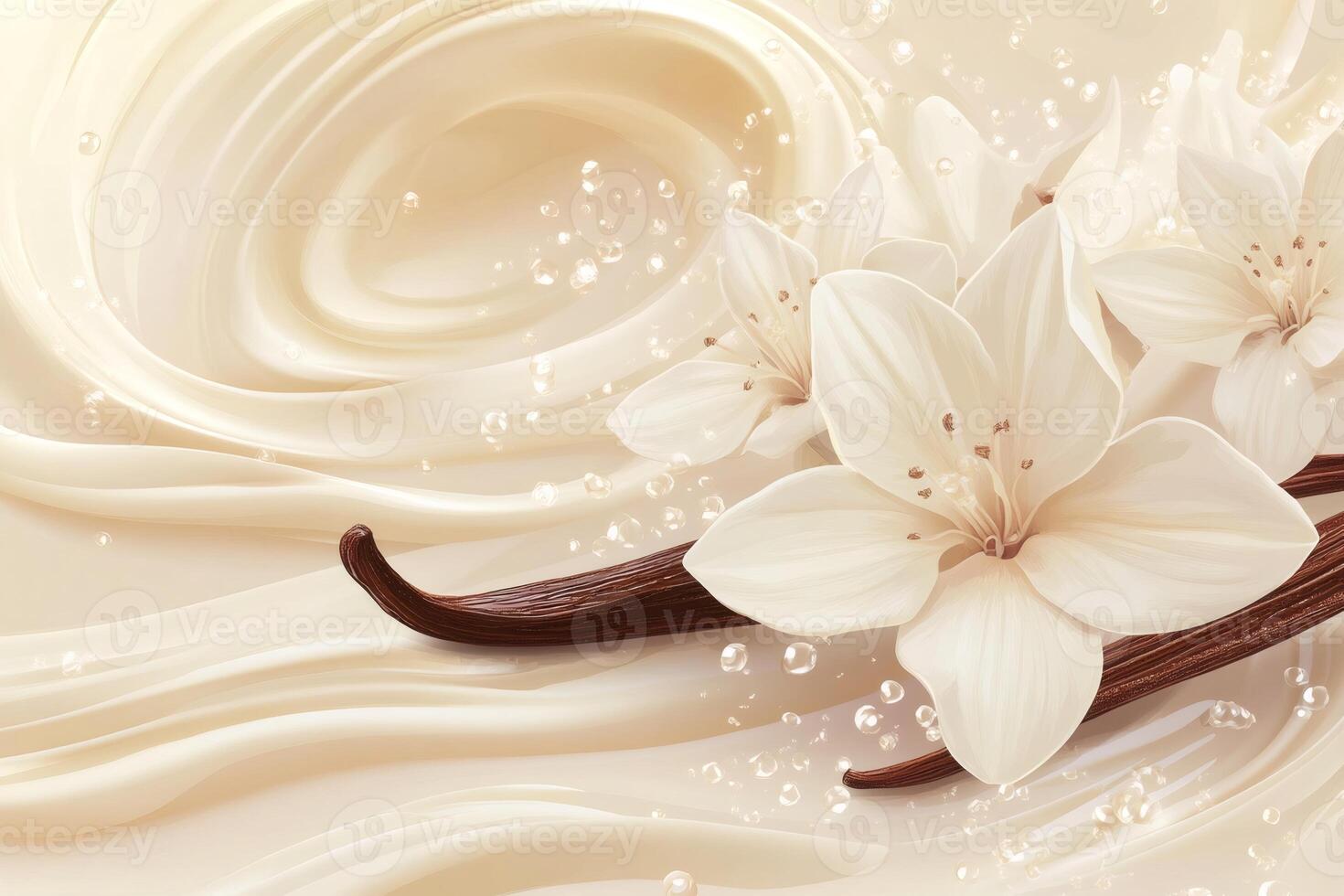 Vanilla pods and flowers swirling in a creamy liquid background photo