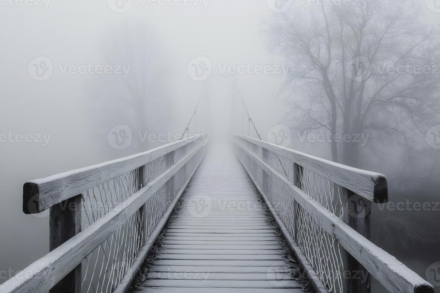 Suspension bridge disappearing into the fog on a frosty winter morning photo