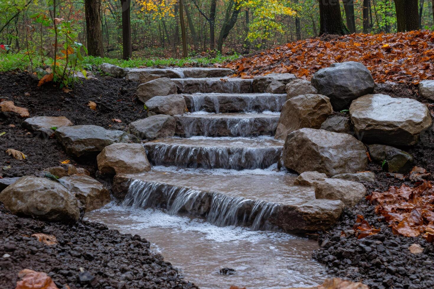 Cascading water flowing down stone steps in autumn forest photo