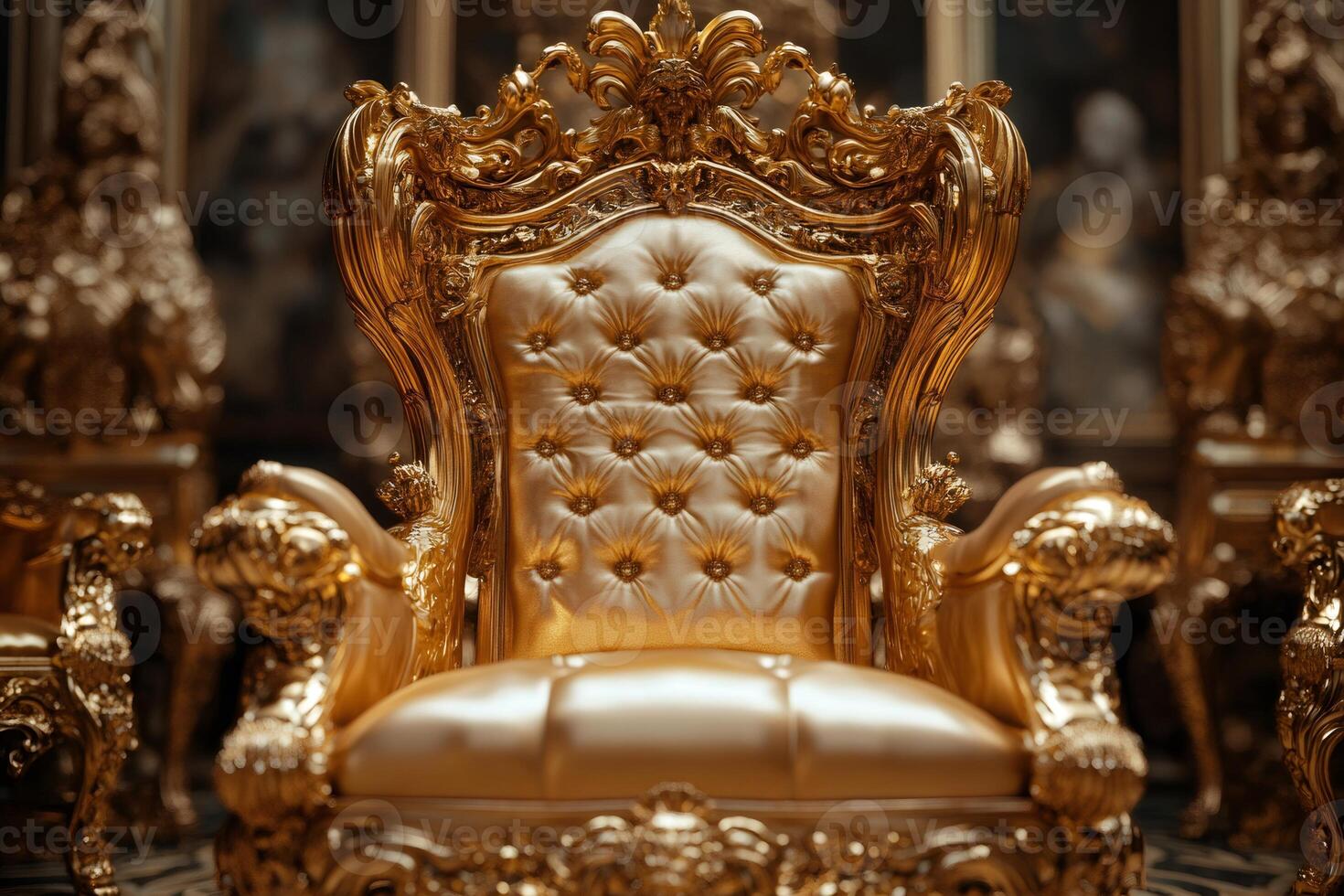 Golden throne chair displaying luxury and power in ornate setting photo