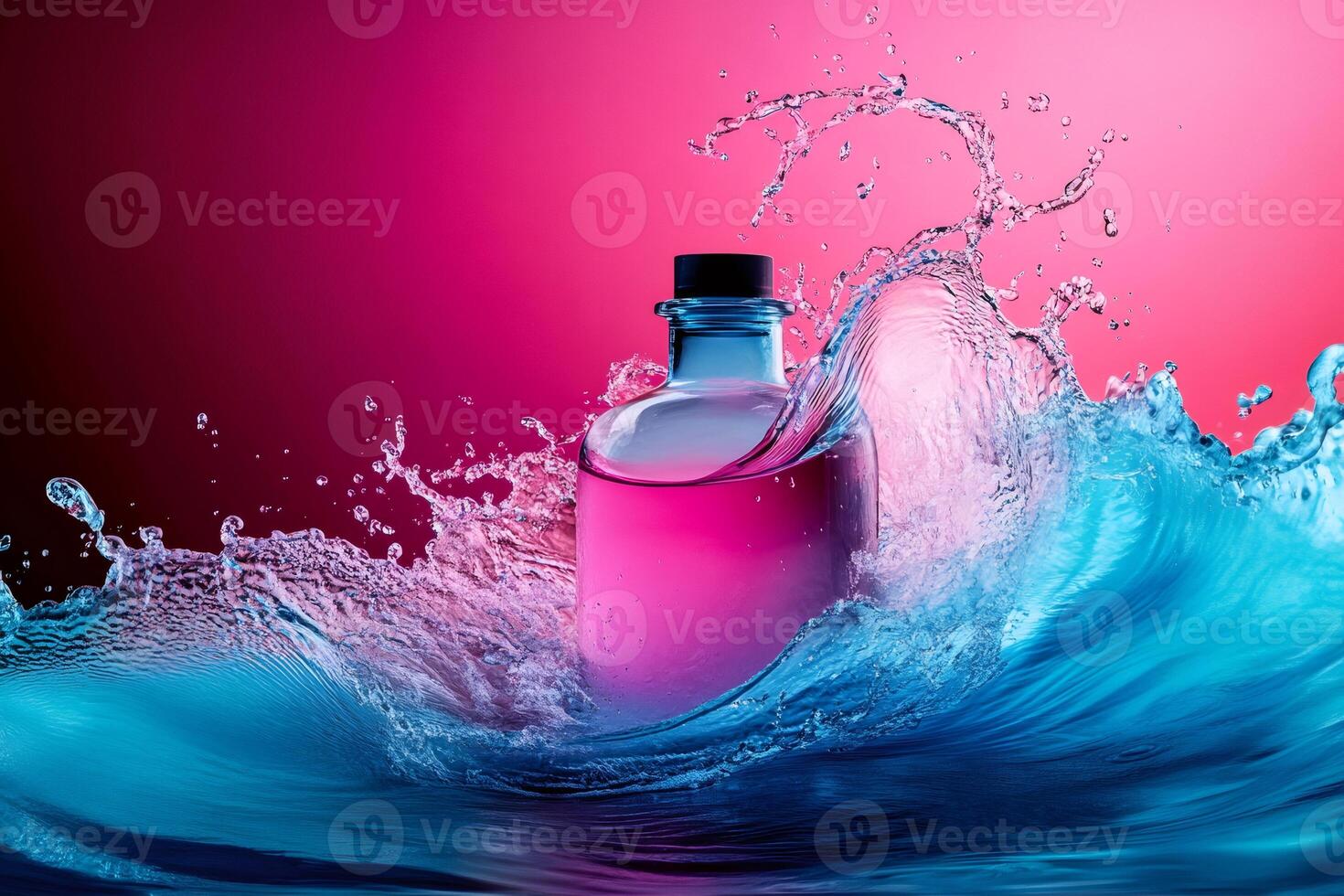 Pink liquid in glass bottle splashing with blue water on gradient background photo