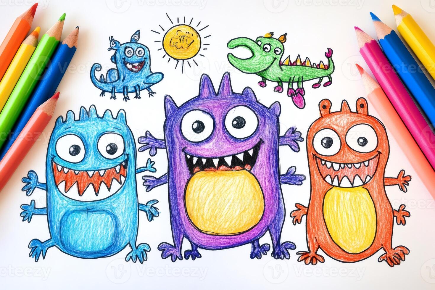 Colorful child's drawing of funny cartoon monsters smiling and playing photo