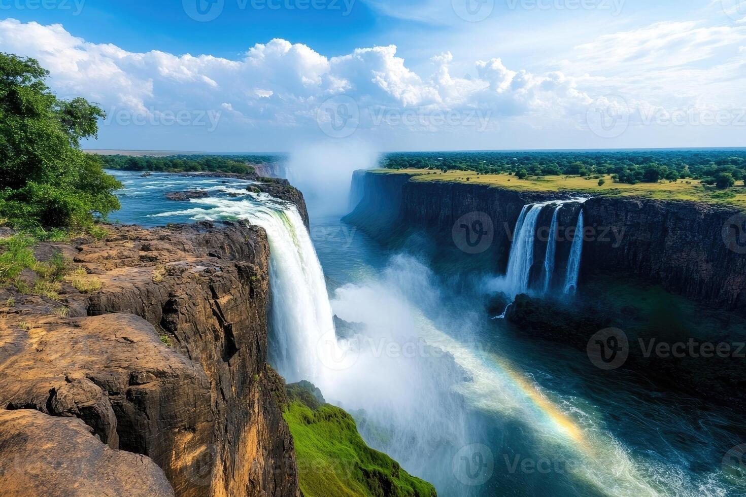 Victoria falls cascading down rocky cliffs under blue sky photo