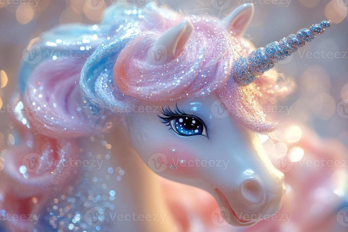 Magical unicorn toy sparkling with glitter and bokeh lights photo