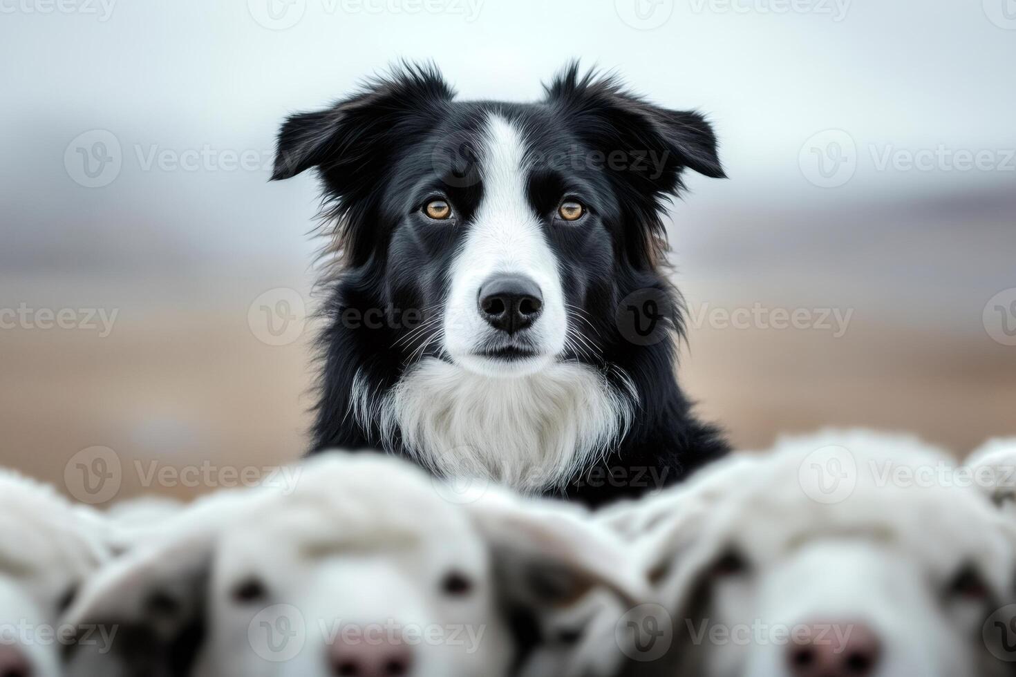 Border collie guarding flock of sheep in open field photo