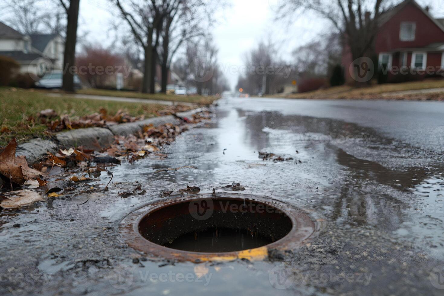 Water draining into storm drain on residential street after rain photo