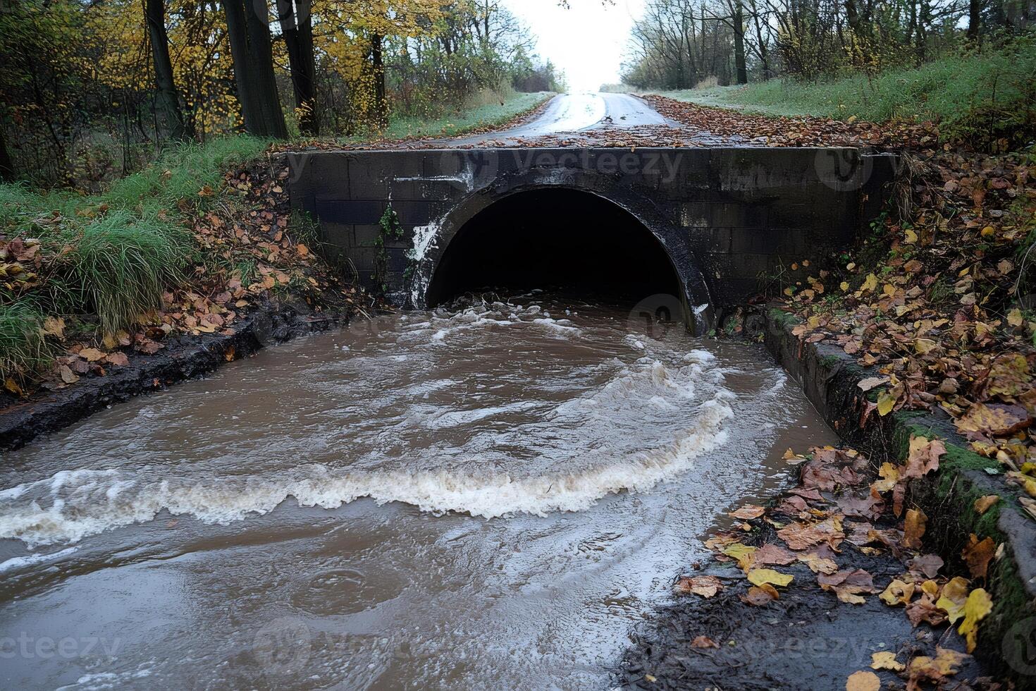 Muddy water flowing under a small bridge in autumn forest road photo