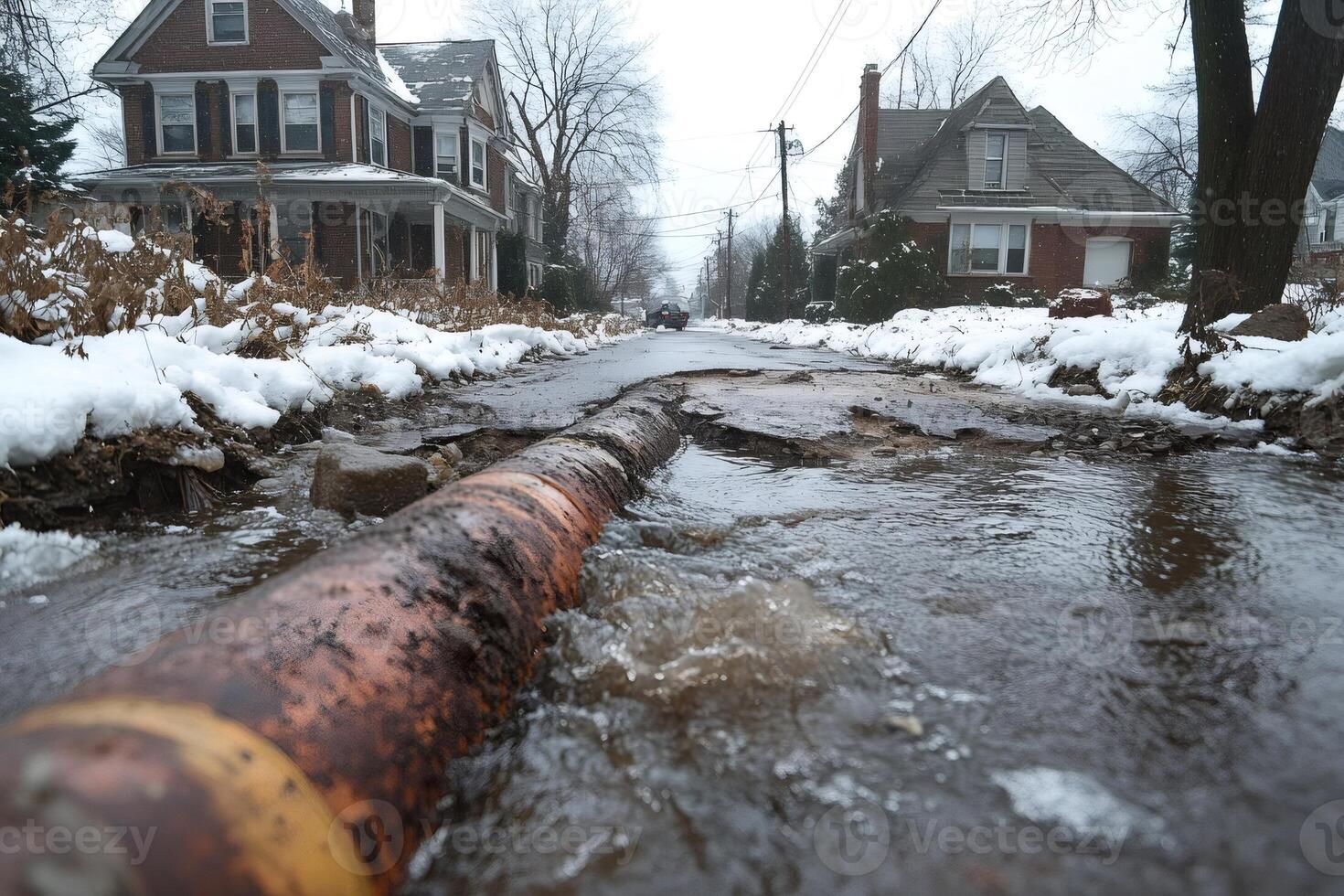 Water main break flooding residential street in winter photo