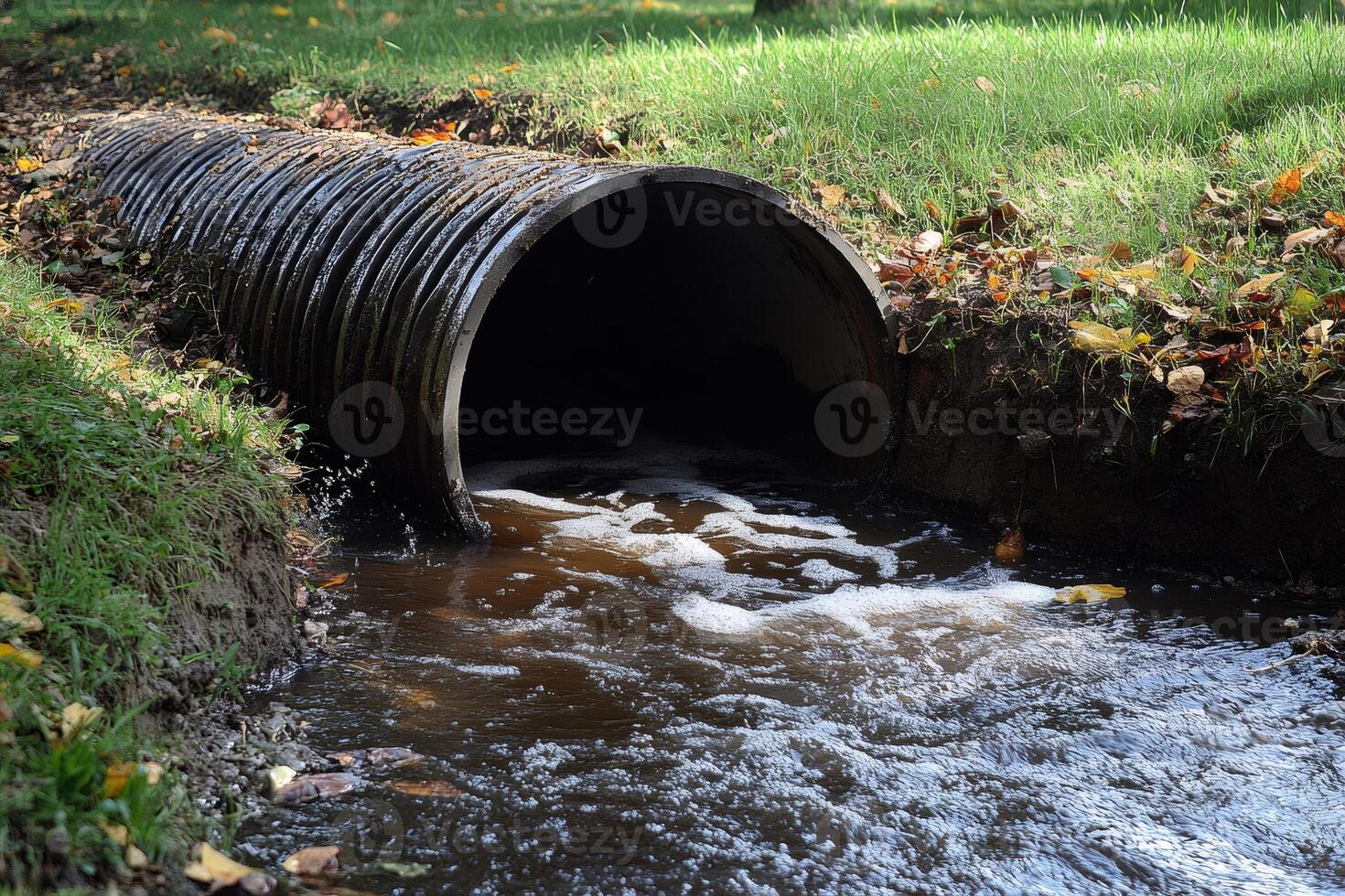 Drainage pipe emptying polluted water into small creek in autumn photo