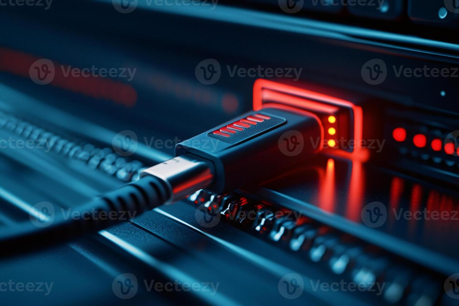 Usb cable connecting to futuristic device with red lights illuminating connection photo
