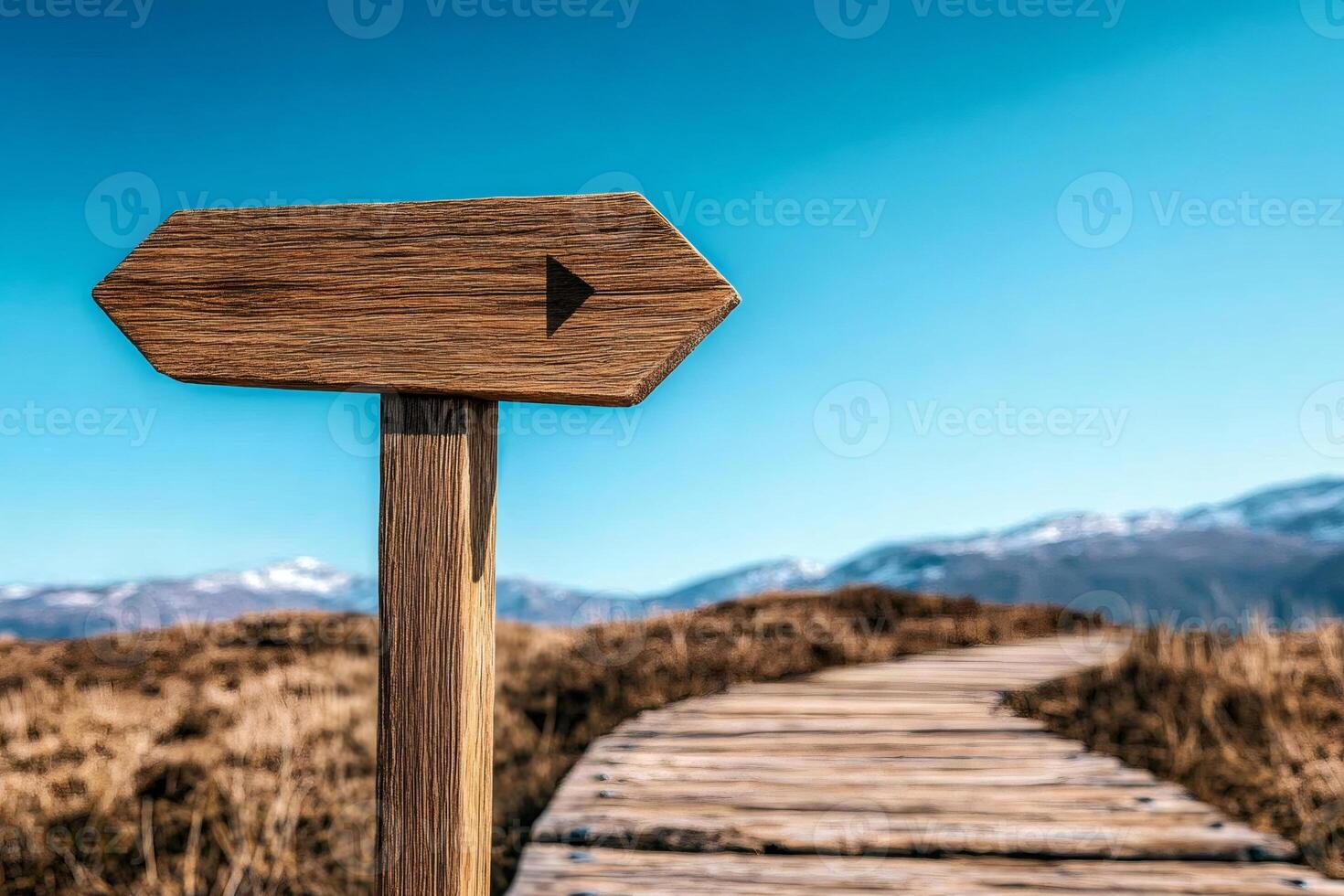 Wooden signpost pointing the way on hiking trail in the mountains photo