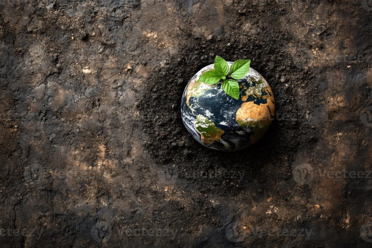Small plant growing on earth in dry soil showing hope for environmental conservation photo