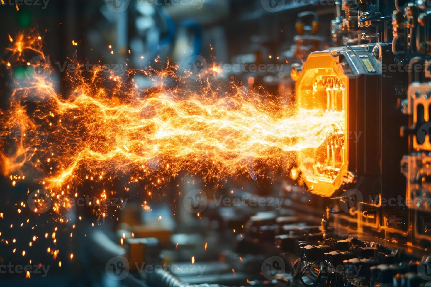 Powerful energy beam transferring from futuristic device in industrial setting photo