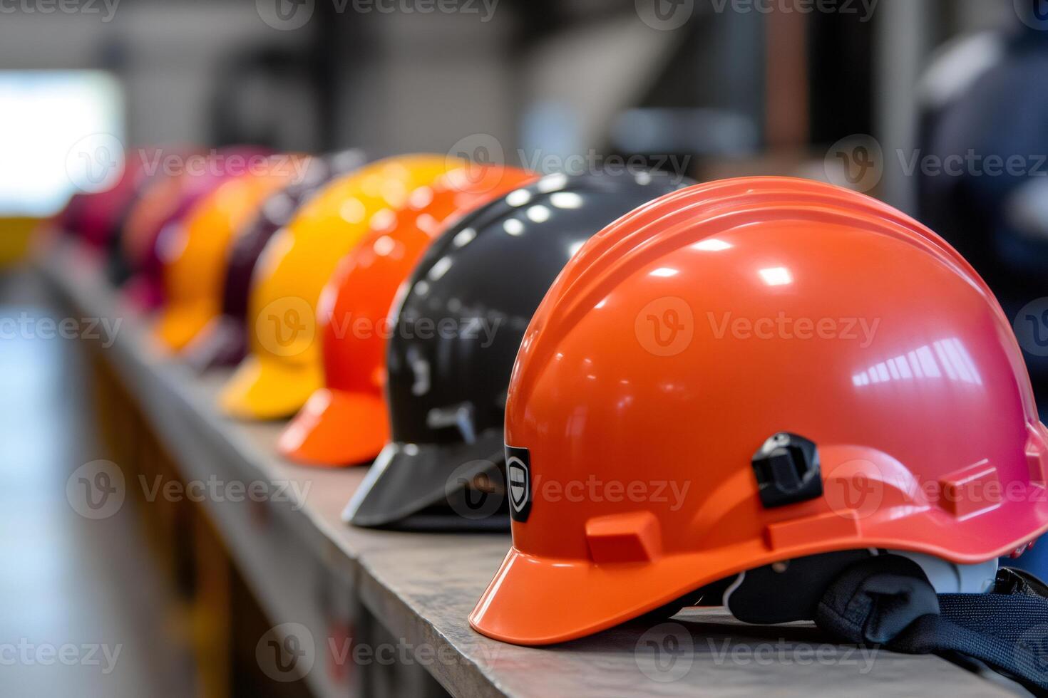 Colorful hard hats resting on shelf in industrial setting photo