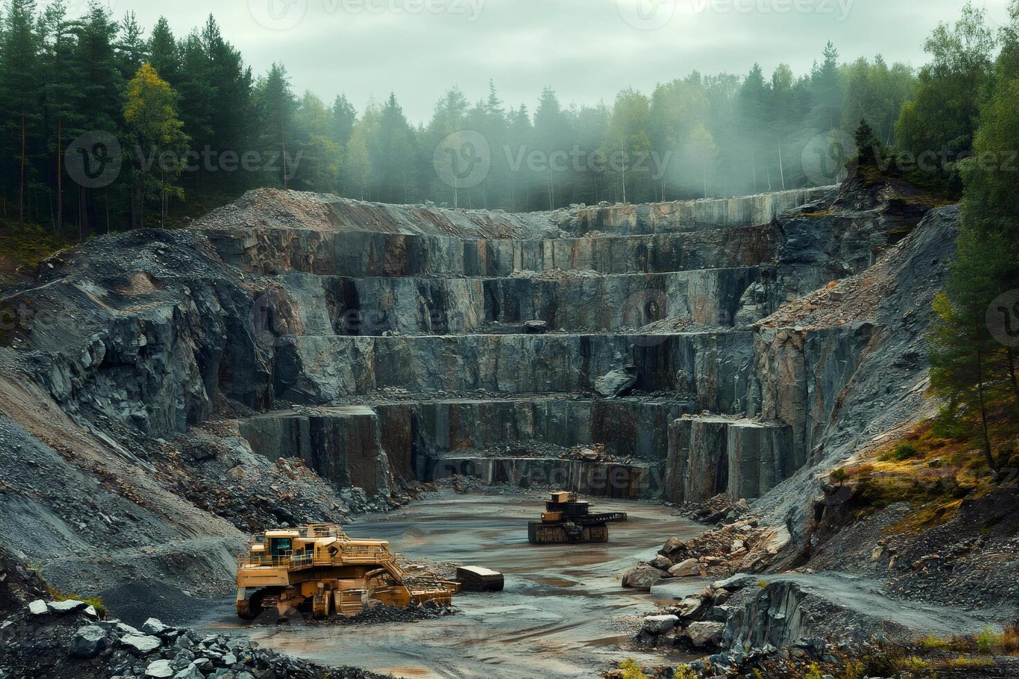 Mining machinery extracting granite in open pit mine on cloudy day photo
