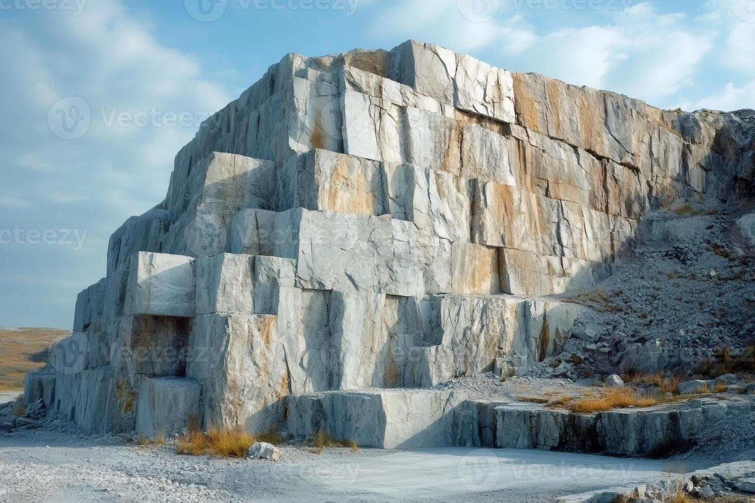 Granite blocks showing step formation in quarry under blue sky photo