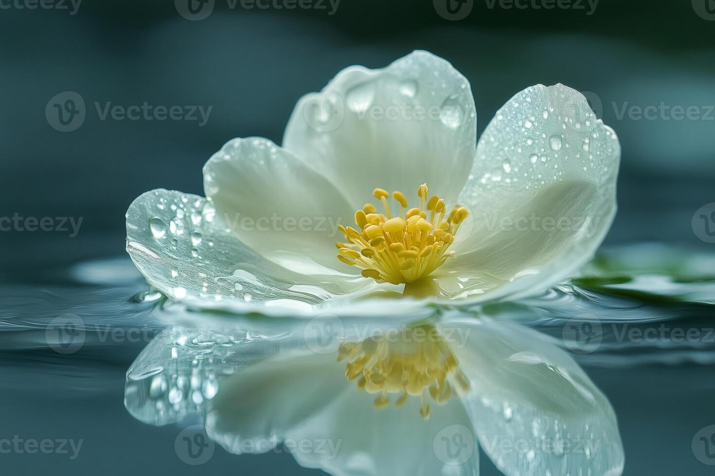 White flower floating on water with dew drops reflecting photo