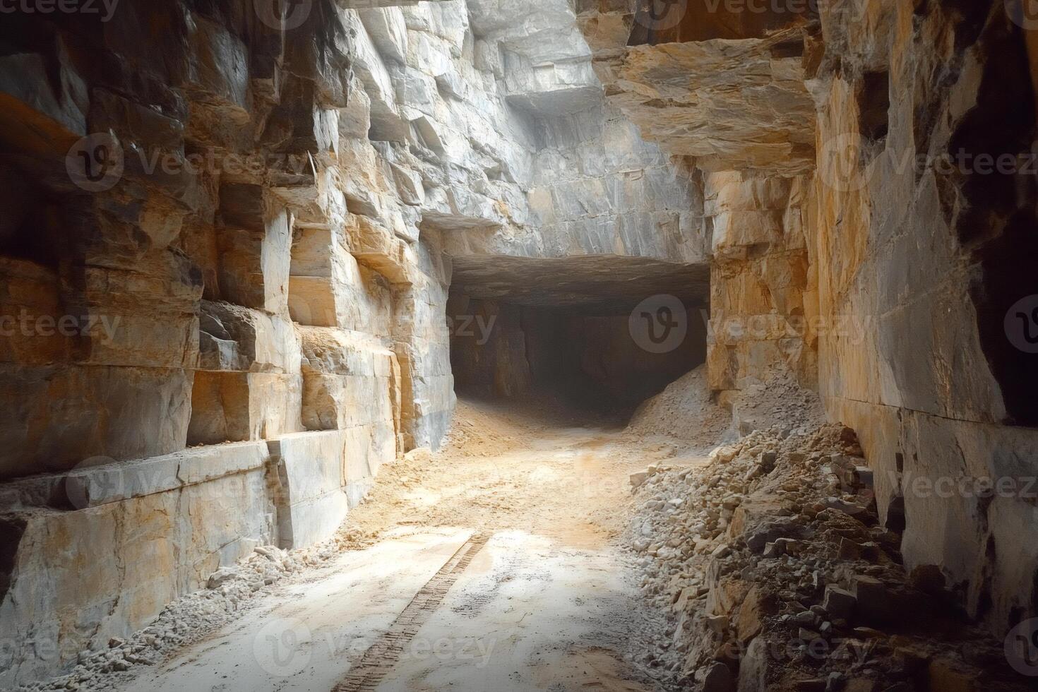 Excavator tracks leading into dark mining tunnel in marble quarry photo