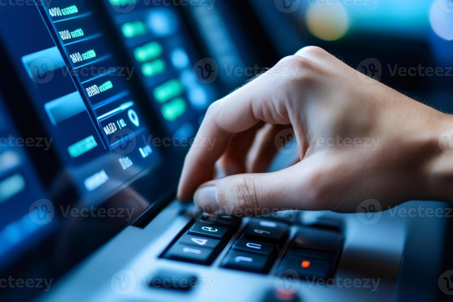 Technician operating control panel with digital display showing data analysis photo