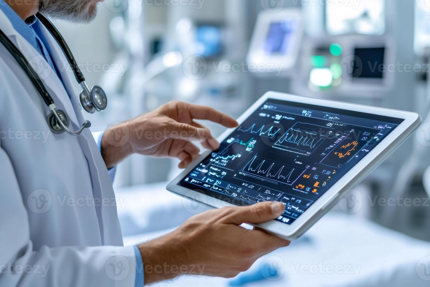 Doctor using tablet computer showing medical data in hospital room photo