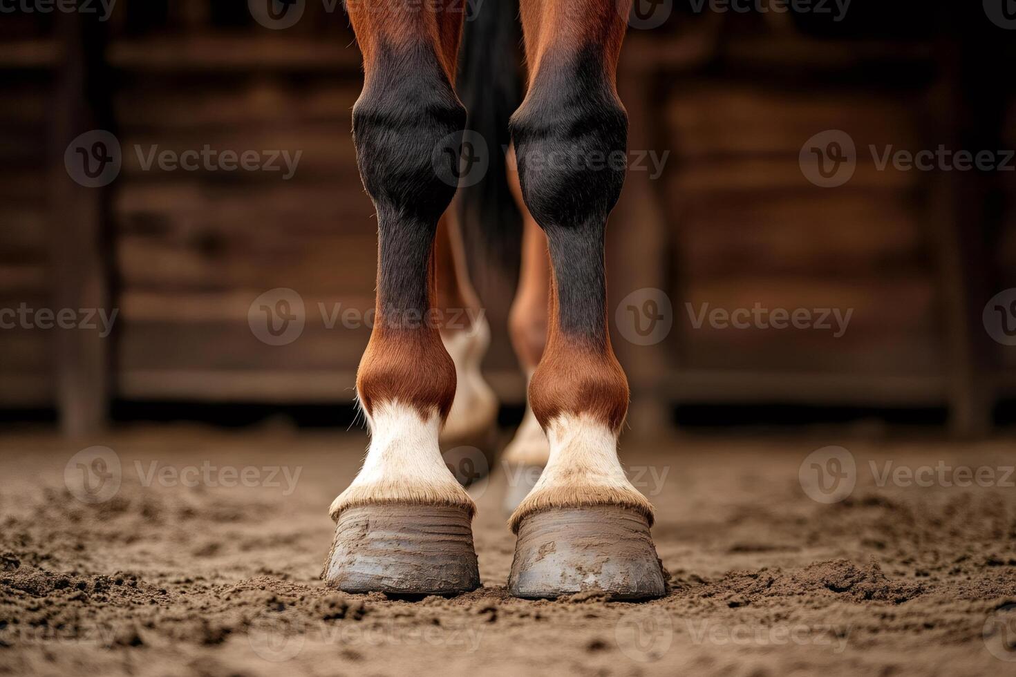 Horse legs and hooves standing on dirt in stable or barn photo