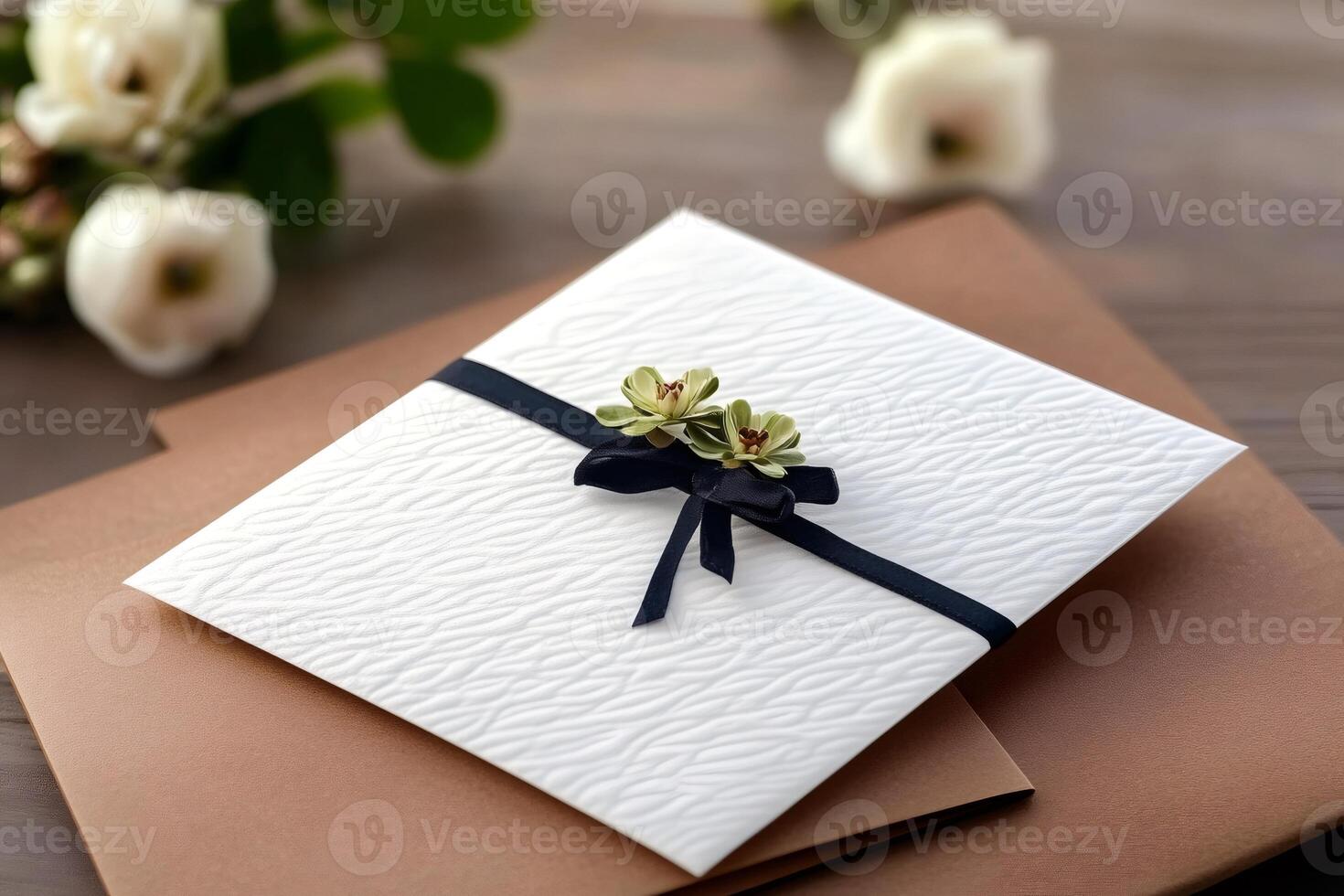 Elegant white wedding invitation with embossed floral design and navy ribbon on wooden table photo