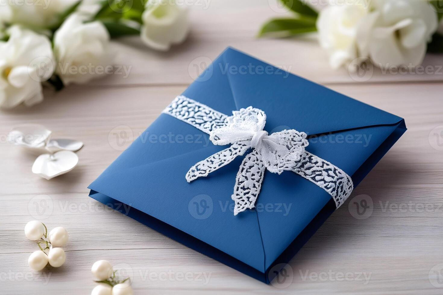 Elegant blue wedding invitation with white lace ribbon on wooden table photo