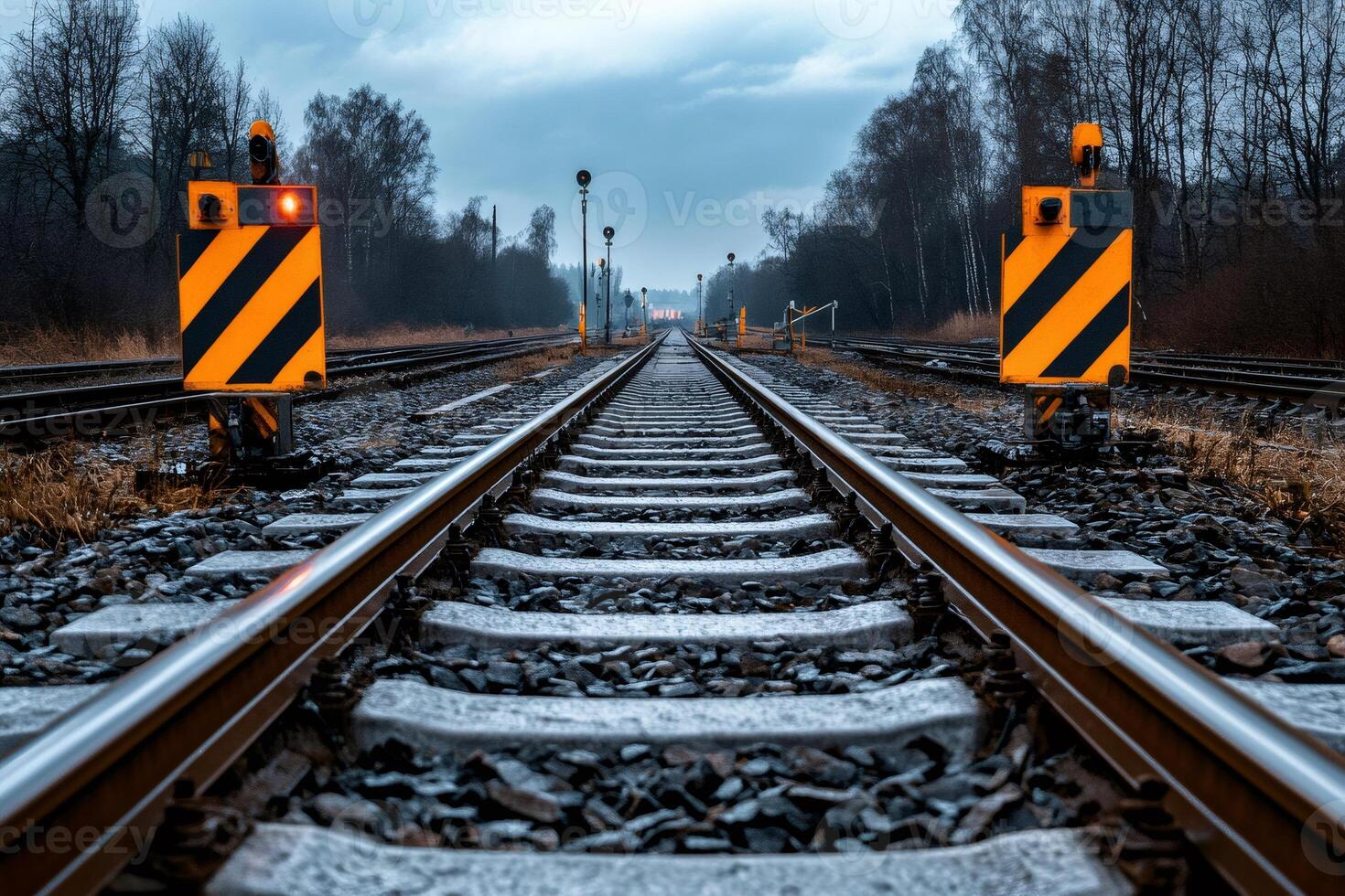 Railroad tracks converging at twilight with warning signals photo