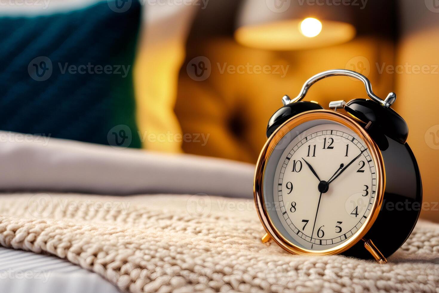Retro alarm clock displaying time on cozy bed cover in bedroom photo