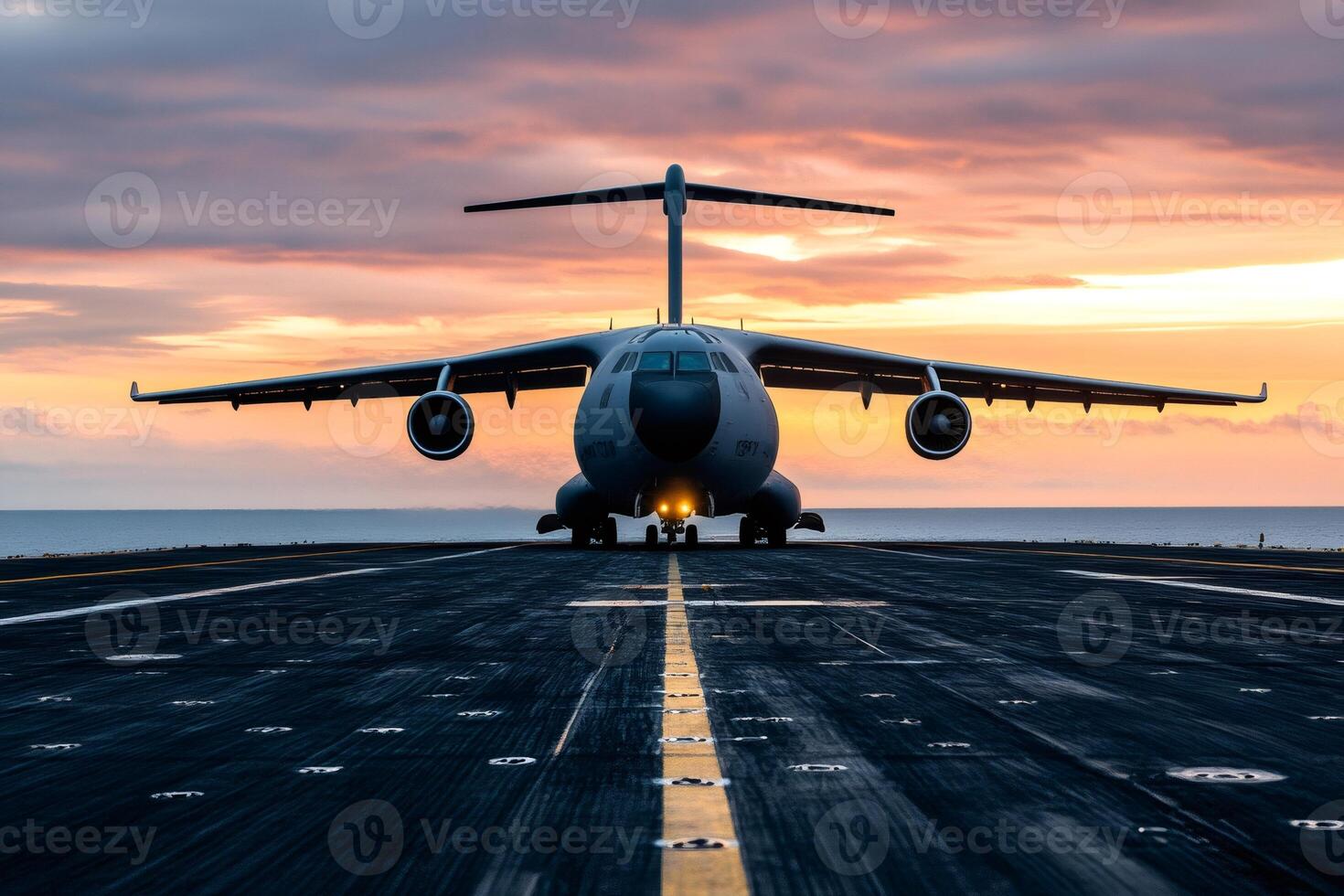 Large military transport aircraft standing on airstrip during sunset photo
