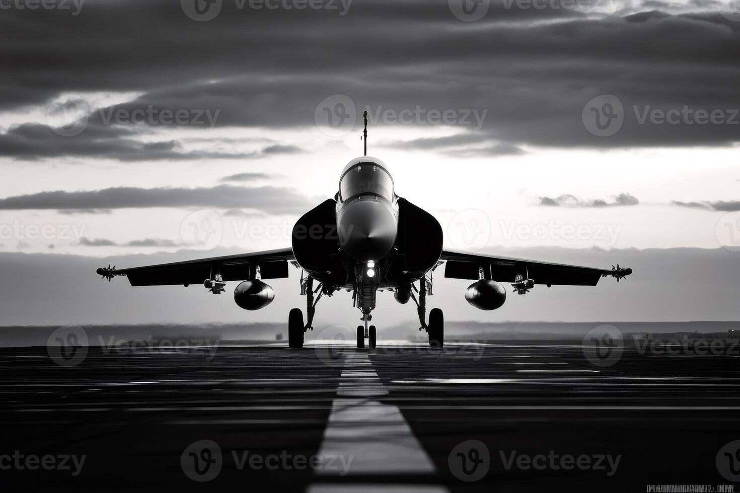 Modern fighter jet preparing for takeoff on airfield runway at sunset photo
