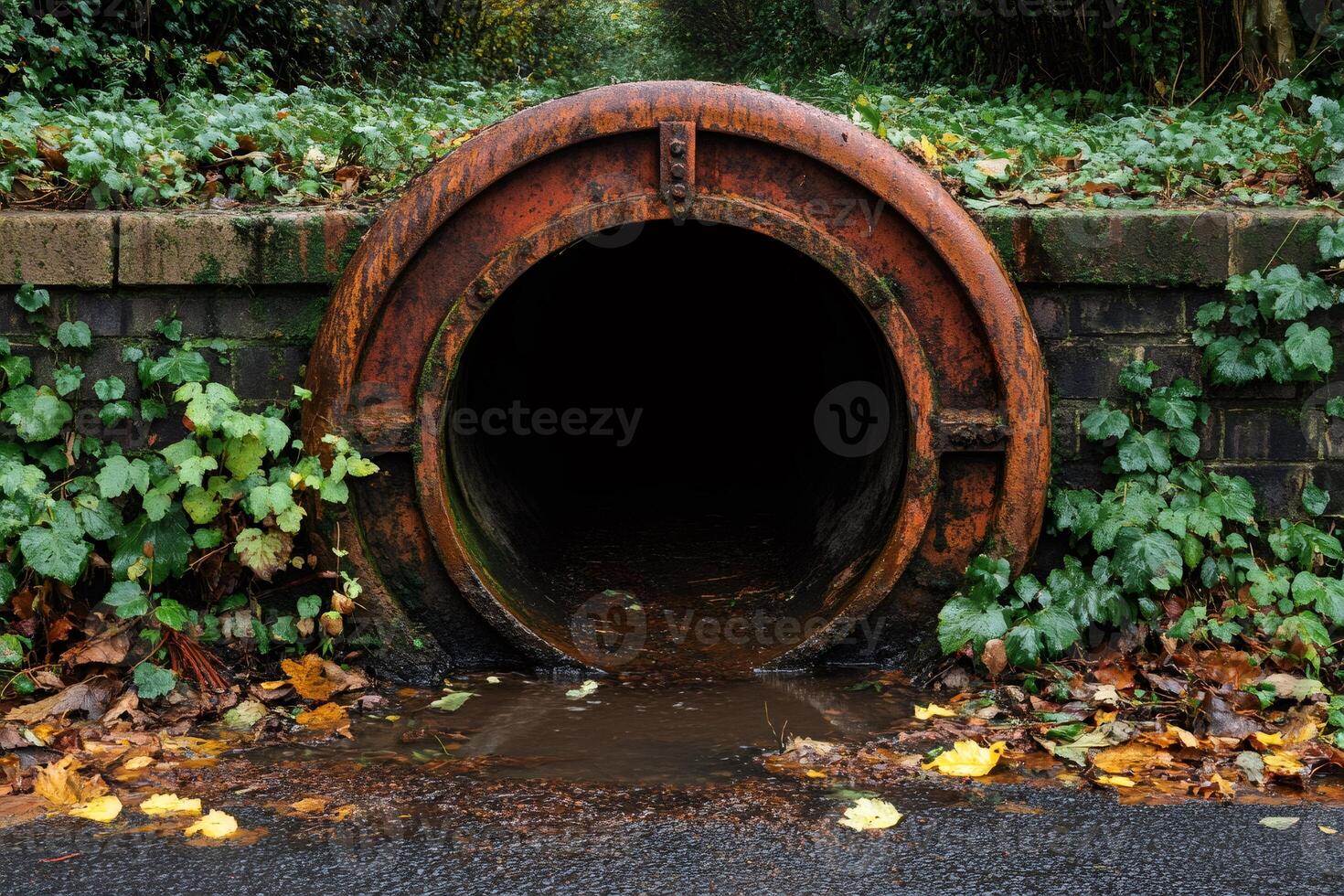 Rusty drainage pipe emerging from brick wall in lush green environment photo