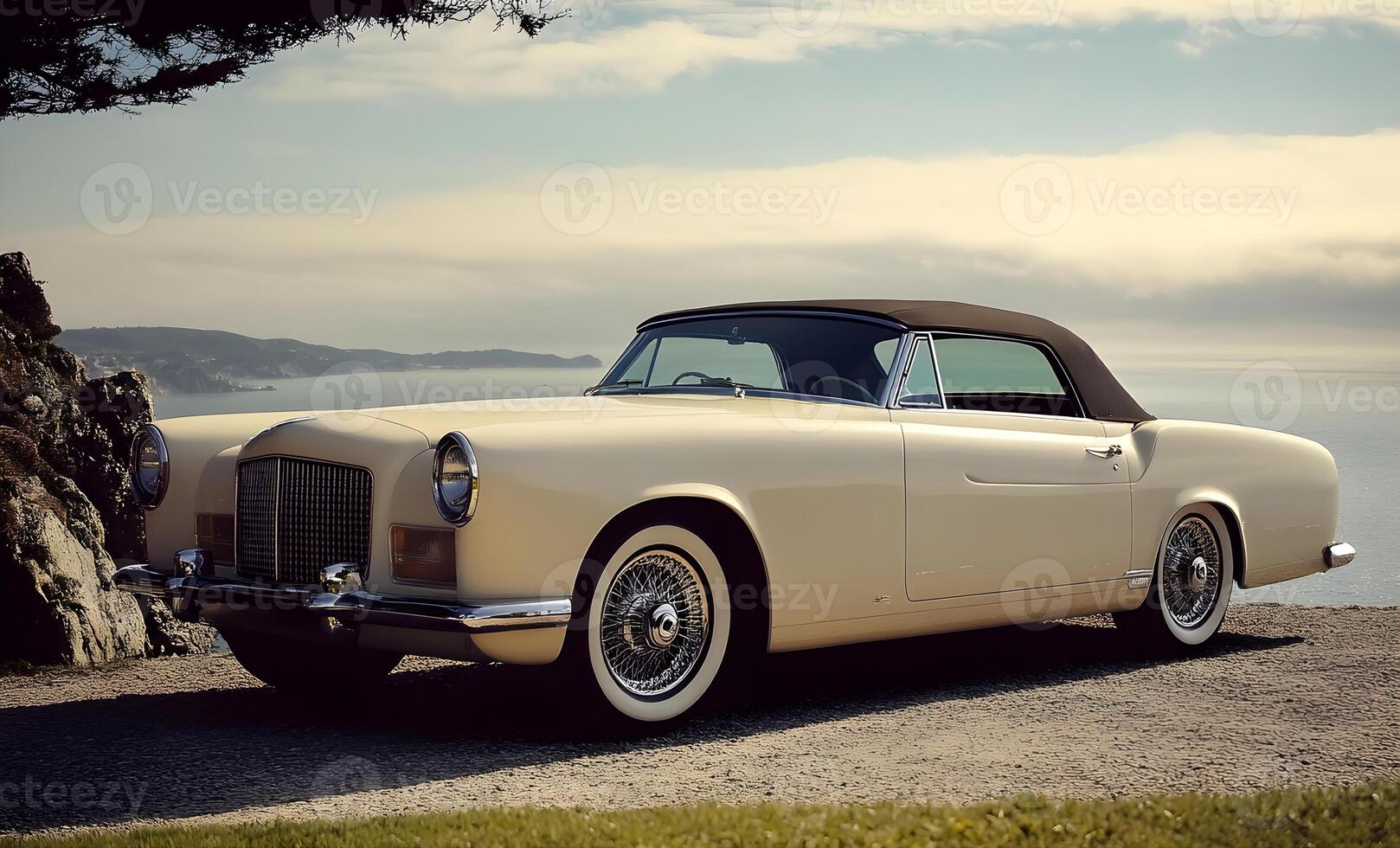 Classic white convertible car parked overlooking scenic coastal view photo