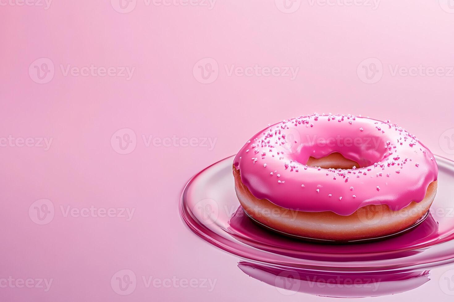Delicious pink donut with sprinkles resting on glass plate on pink background photo
