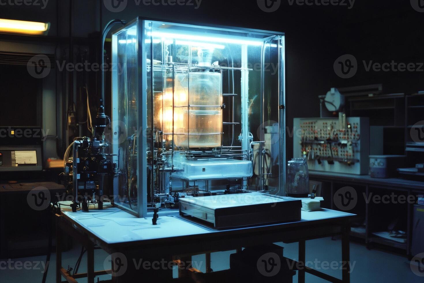 Laboratory equipment performing chemical reaction experiment under neon light photo