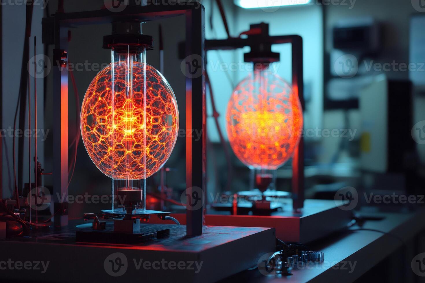 Plasma globe glowing inside laboratory equipment during experiment photo