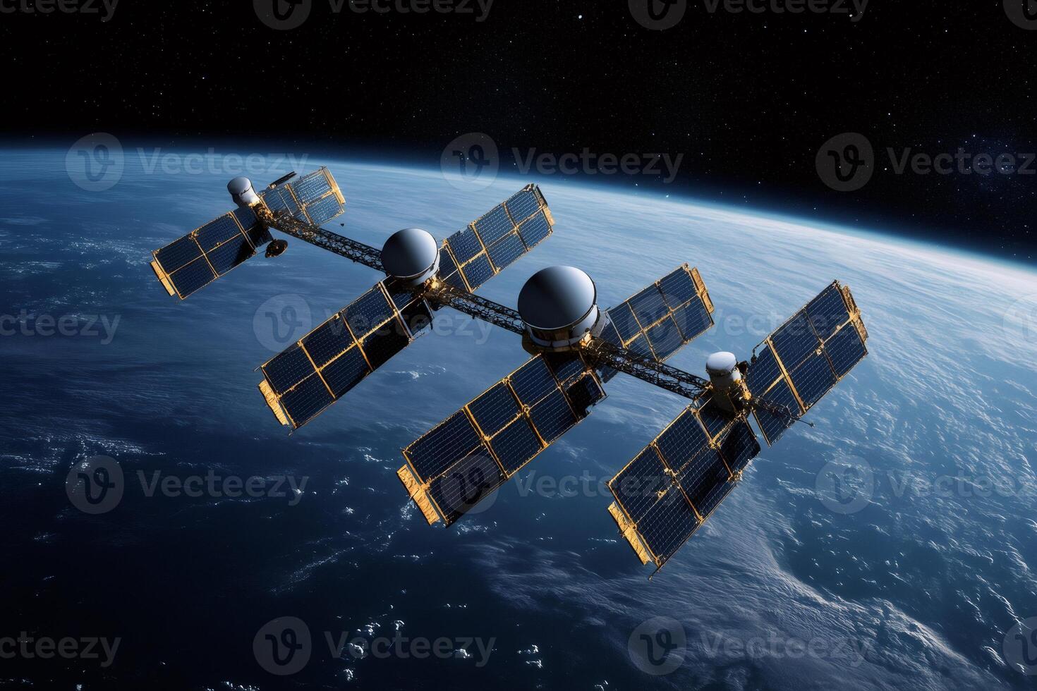 Modular space station orbiting earth with solar panels deploying photo
