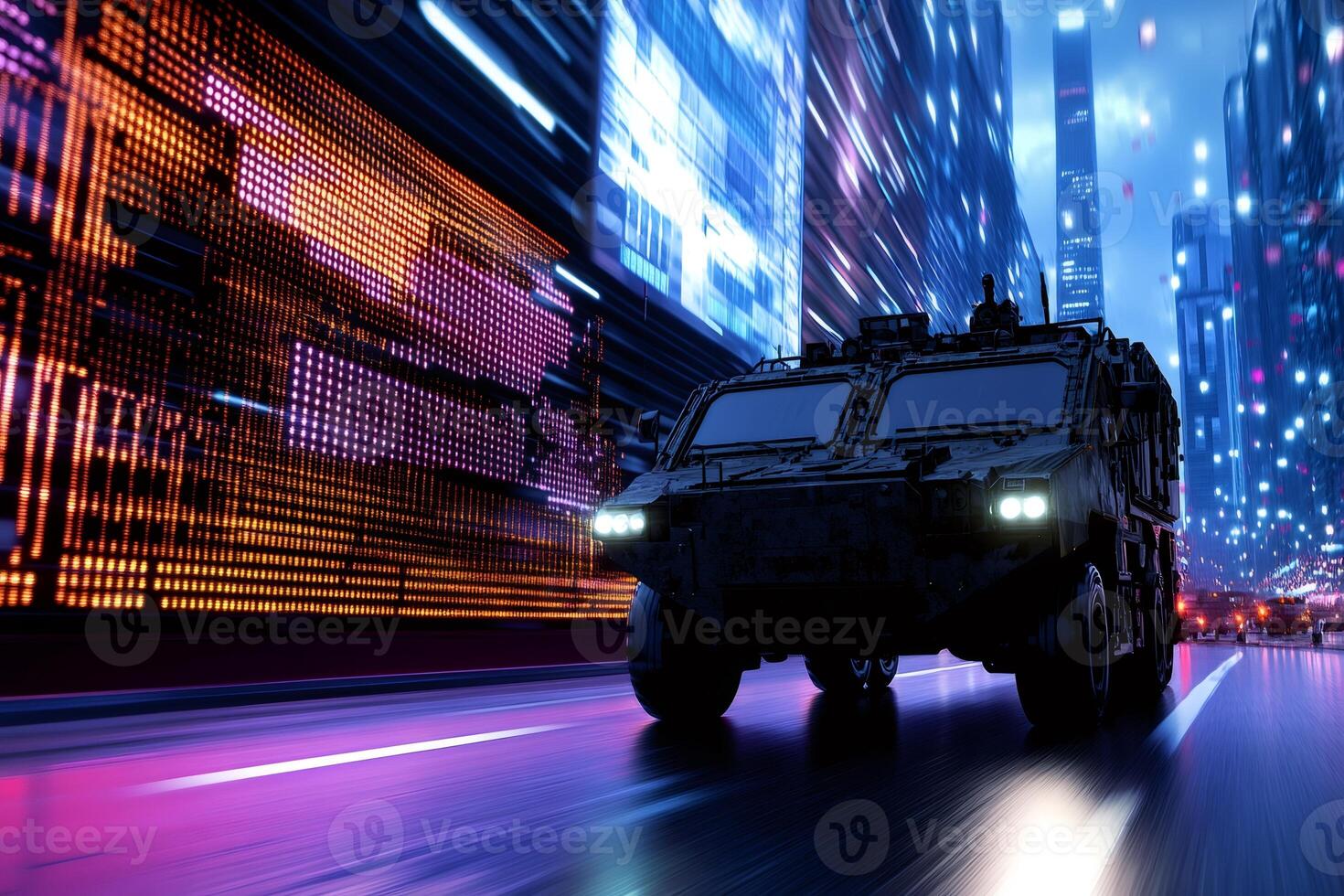 Armored vehicle driving through futuristic city at night with digital billboards displaying world map photo