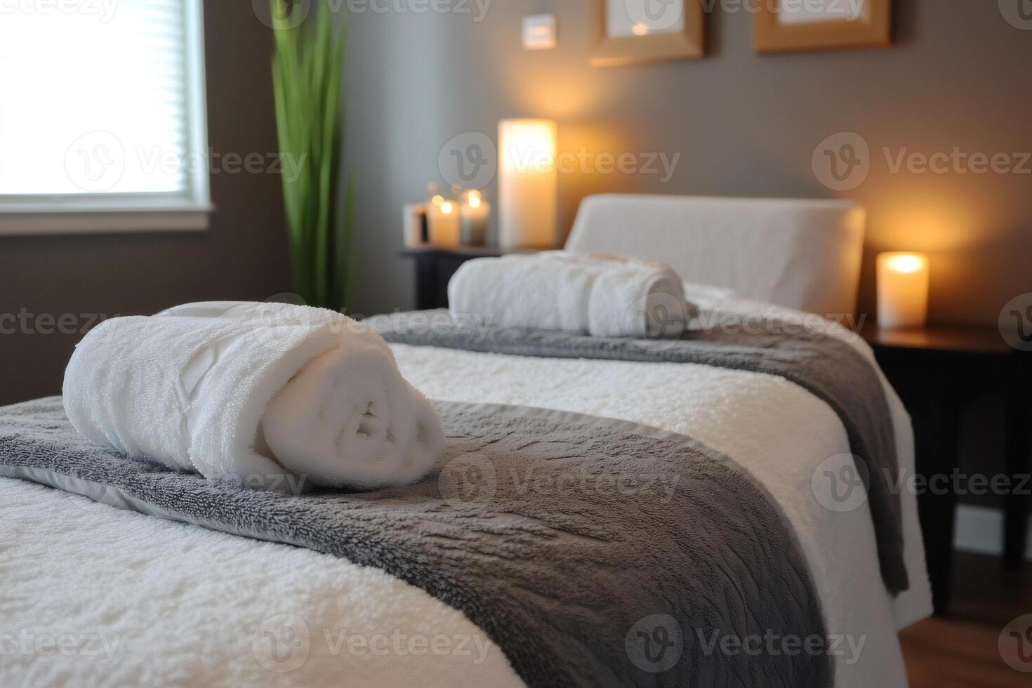 Rolled white towels resting on massage table in spa room with candles burning photo