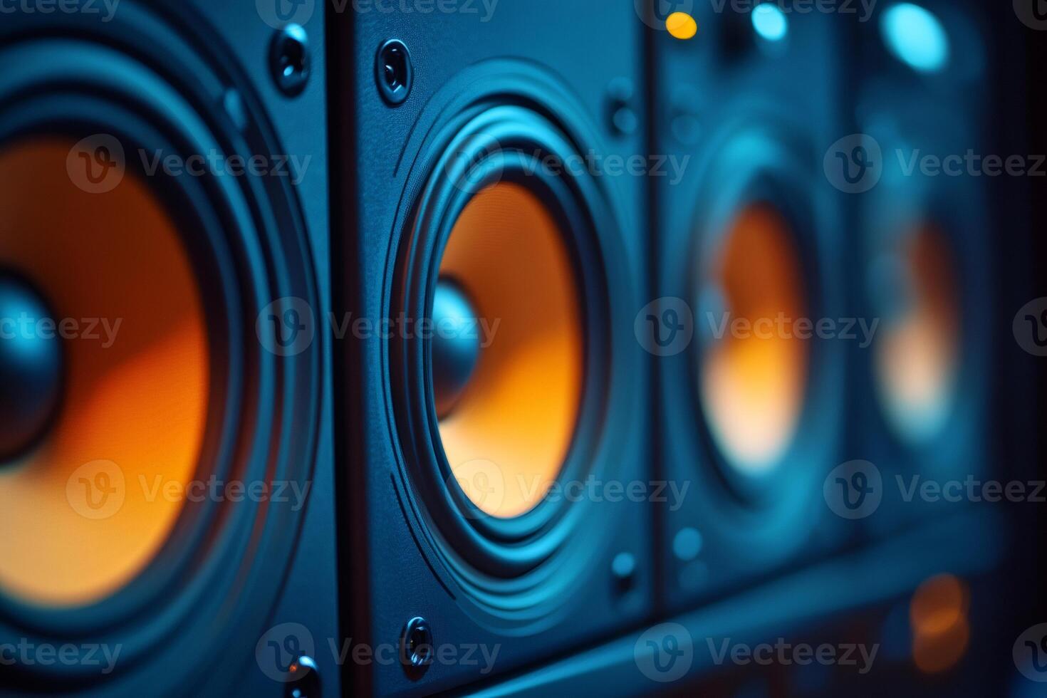 Powerful audio speakers vibrating with energy in a recording studio photo