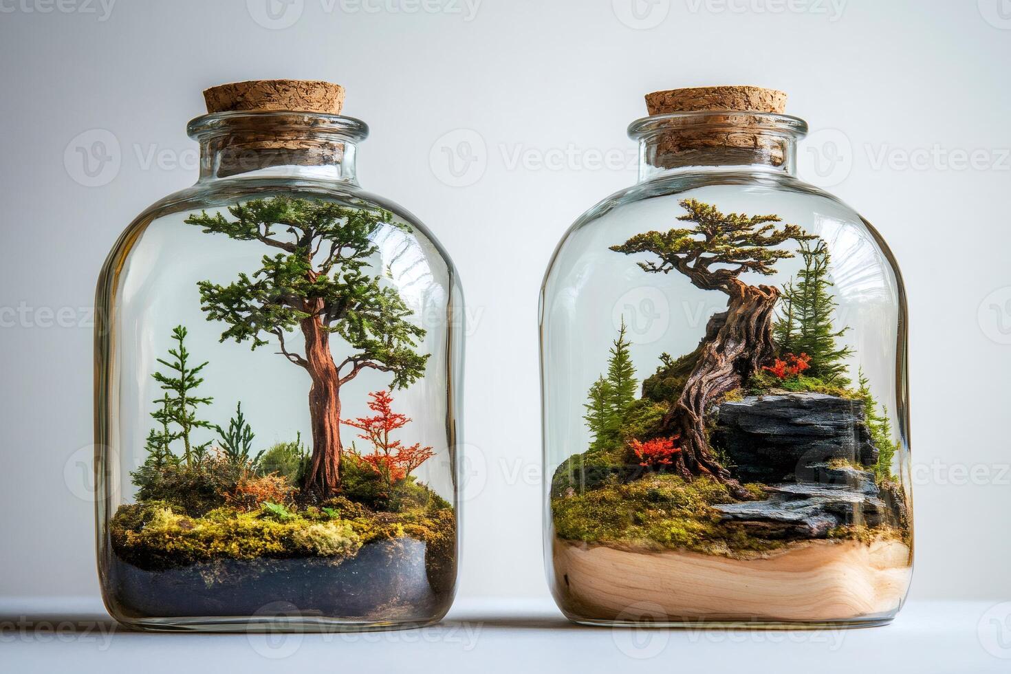 Two glass jars containing miniature ecosystems with bonsai trees and moss growing inside photo